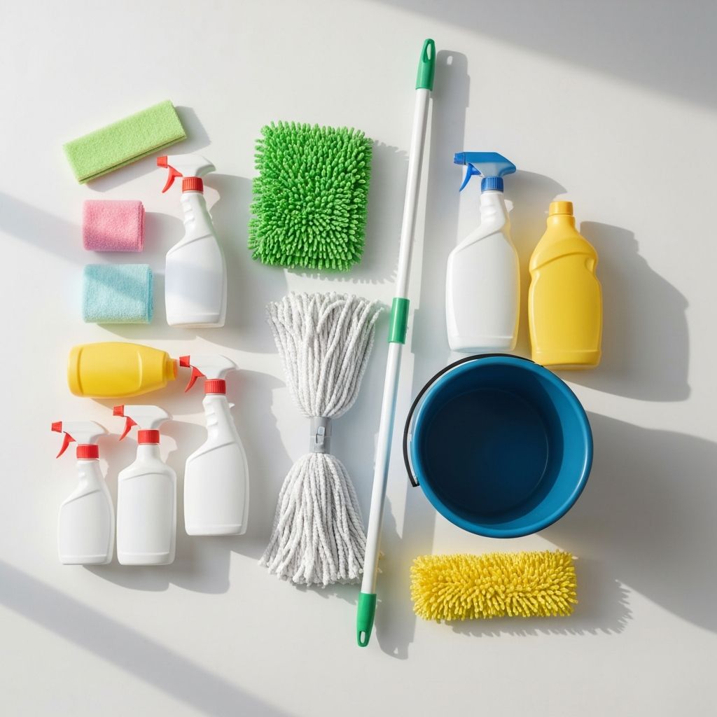 Professional cleaning supplies arranged neatly — spray bottles, microfibre cloths, and eco-friendly products